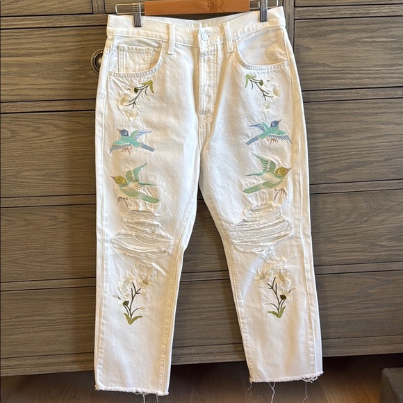 7 For All Mankind Denim - Embroidered White Jeans with Bird Design